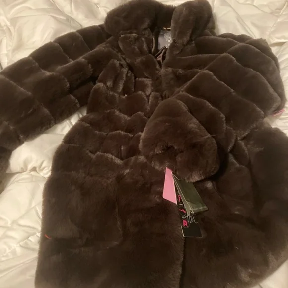 vince camuto faux fur coat chocolate brown spring easter - Picture 7 of 8